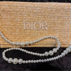 Dior Woven Straw Clutch with Pearl Accent Strap